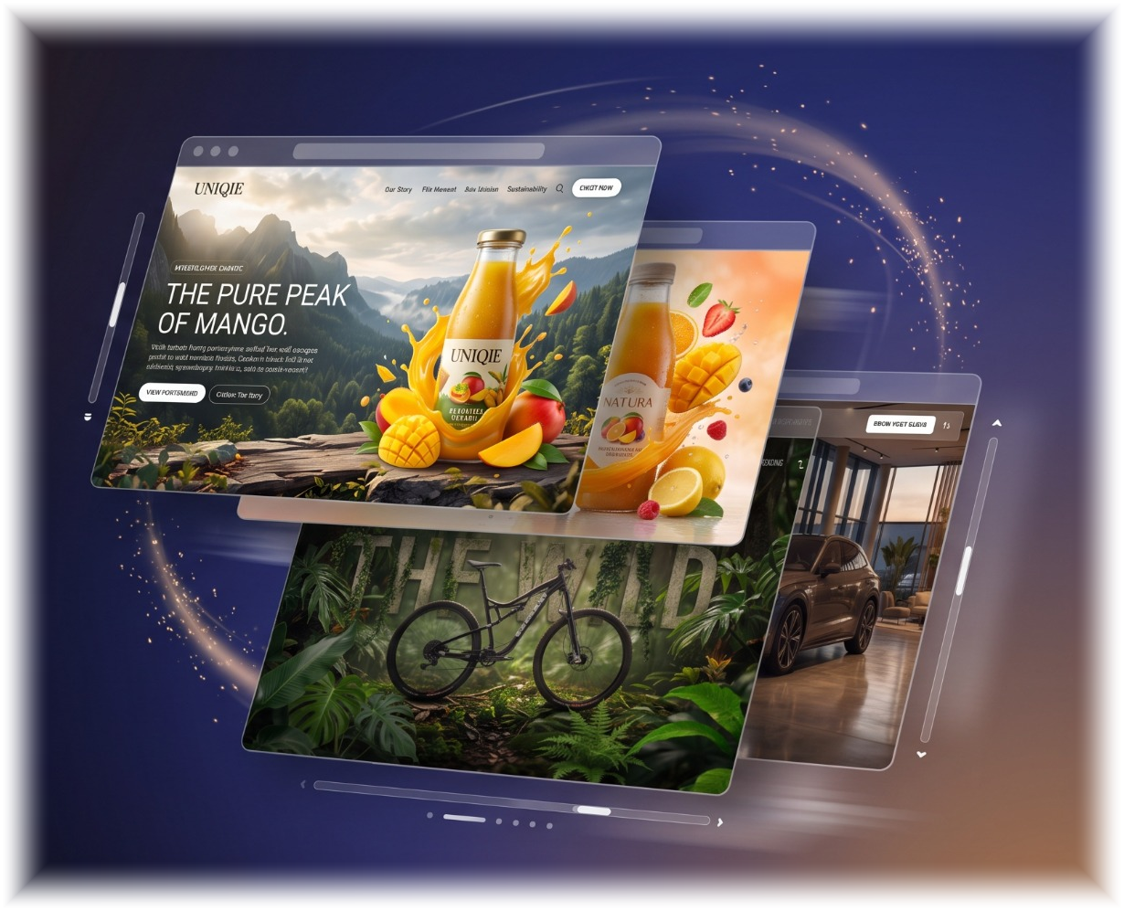 Floating website designs for drinks, cycling and automotive brands